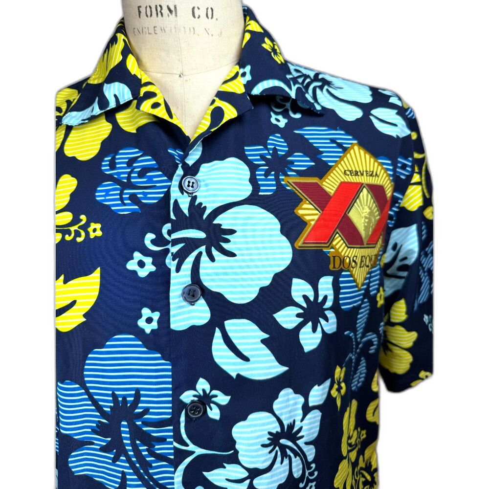 Dos Equis XX Cerveza Blue Hawaiian Short Sleeve Shirt Mens LG